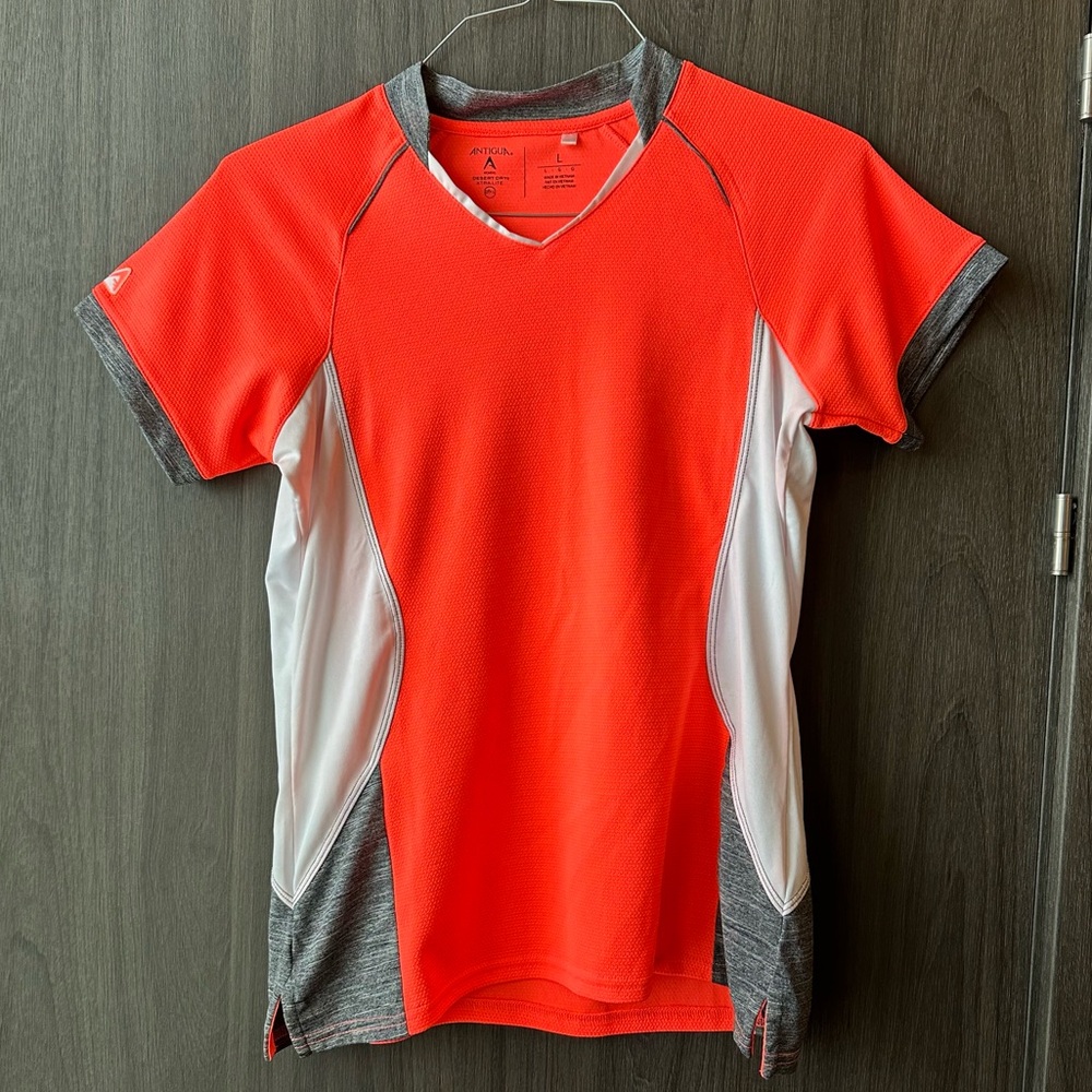 Ladies Antigua Collared Polo - Size Large. Peach, white, & Gray Color